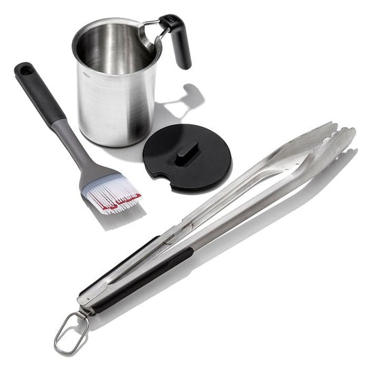 Grilling Basting Pot and Brush Set & Grilling Tongs with Built-In Bottle Opener Bundle - US 9500